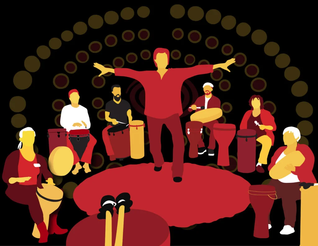 ICDC facilitator training in session - participants learning to lead a drum circle
