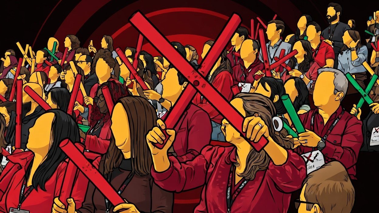 Illustration of a packed corporate event crowd in Calgary raising red rhythm tubes together during a drum circle