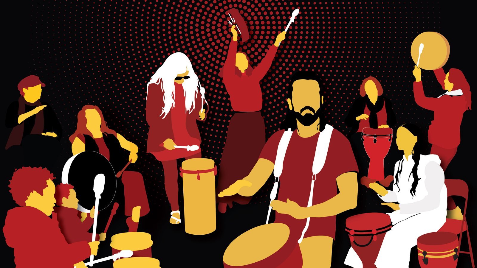 Illustration of a community drum circle in Calgary with children, adults and elders drumming together around a red halftone glow