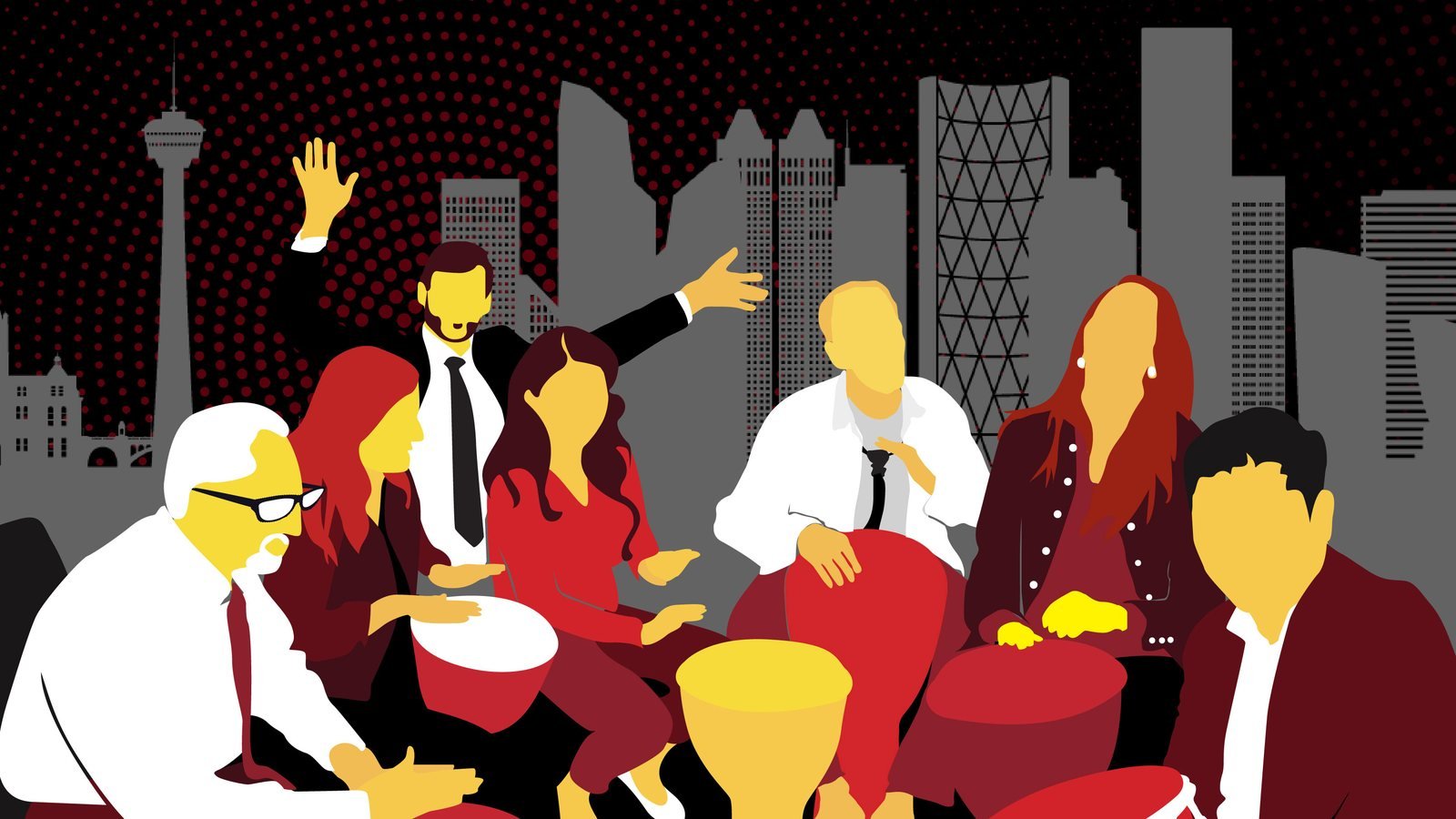 Illustration of Calgary colleagues in business clothes drumming together in a circle at a team building event, with the Calgary skyline behind them