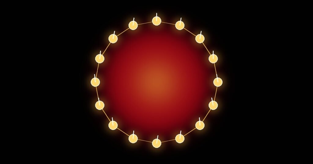Illustration of a drum circle in sync: sixteen drummers around a glowing red fire, all playing one shared pulse