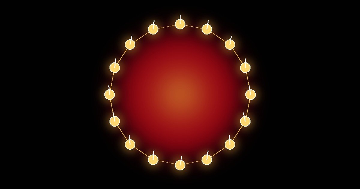 Illustration of a drum circle in sync: sixteen drummers around a glowing red fire, all playing one shared pulse